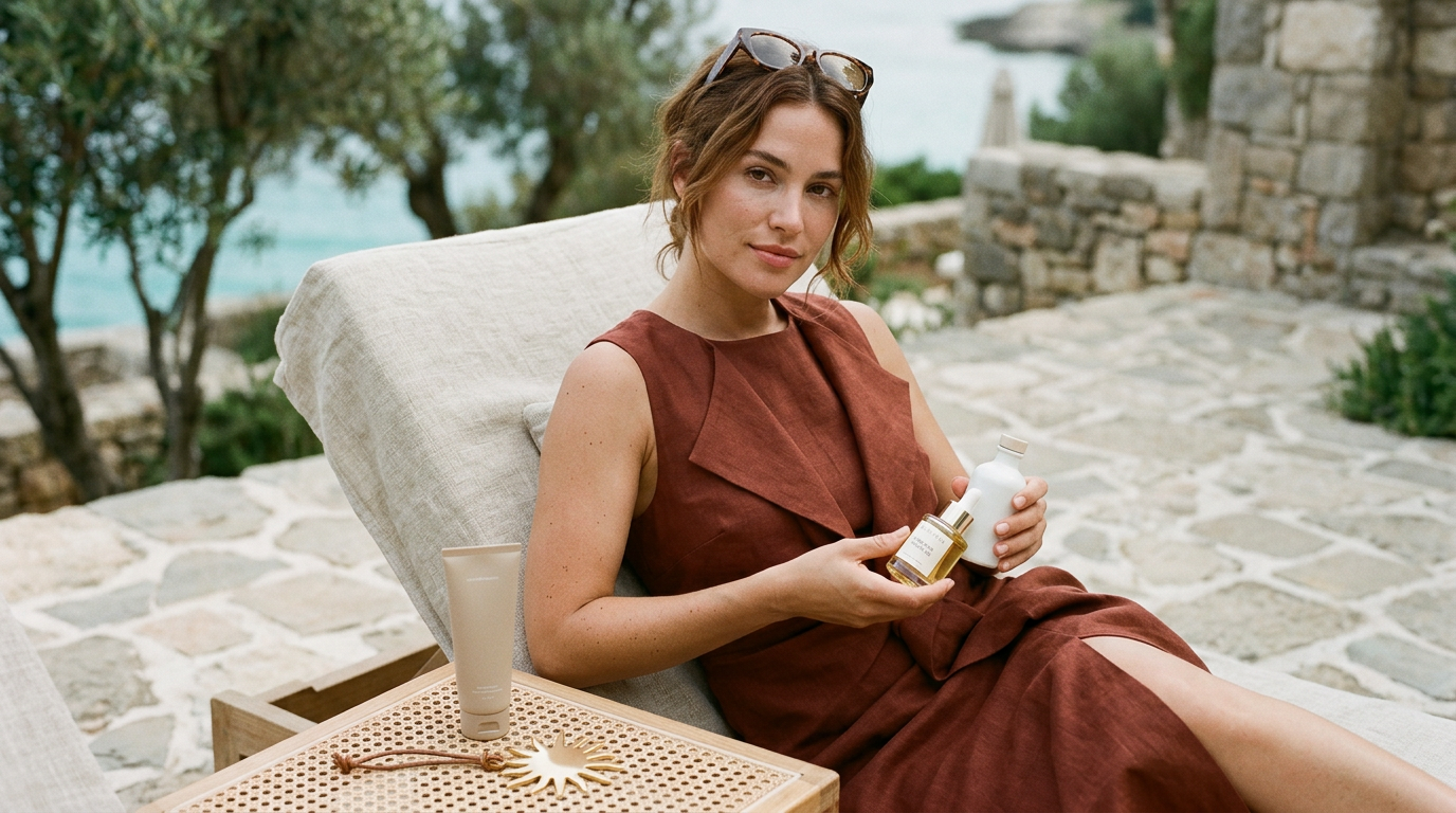 Infografik ohne Text: Flasche mit Pflanzenöl neben einer Sonnencreme und einem Sonne-Symbol