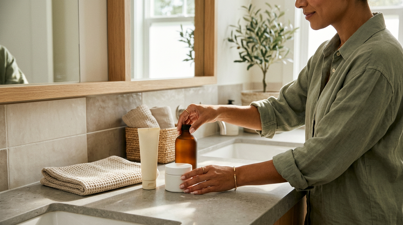 Sanfte Skincare-Basics im Bad: Cleanser, Creme und Sonnencreme als einfache Routine