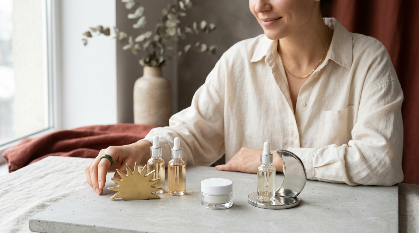 Infografik ohne Text: Vitamin C am Morgen (Sonne), Retinol am Abend (Mond) und eine Creme als Puffer.