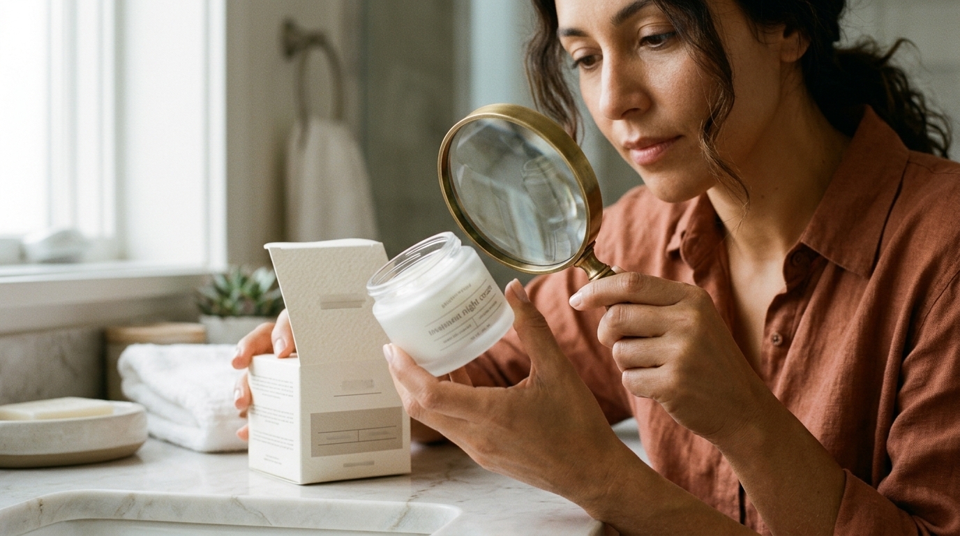 Hände prüfen eine Kosmetikverpackung mit Lupe als schneller Etikett-Check für Clean-Beauty-Claims