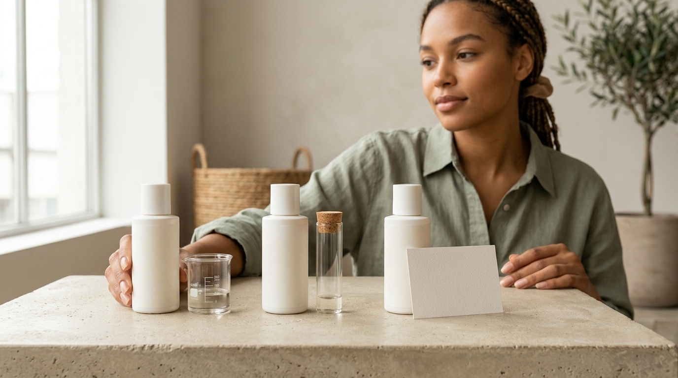 Drei Kosmetikflaschen mit Symbolen für den Selbsttest zu Clean-Beauty-Claims: konkret, messbar, belegt