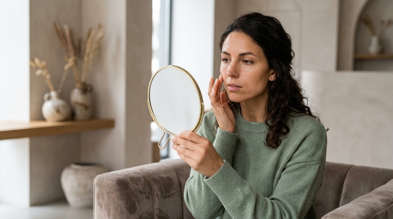 Person prüft vor einer Behandlung mögliche Warnsignale im Gesicht
