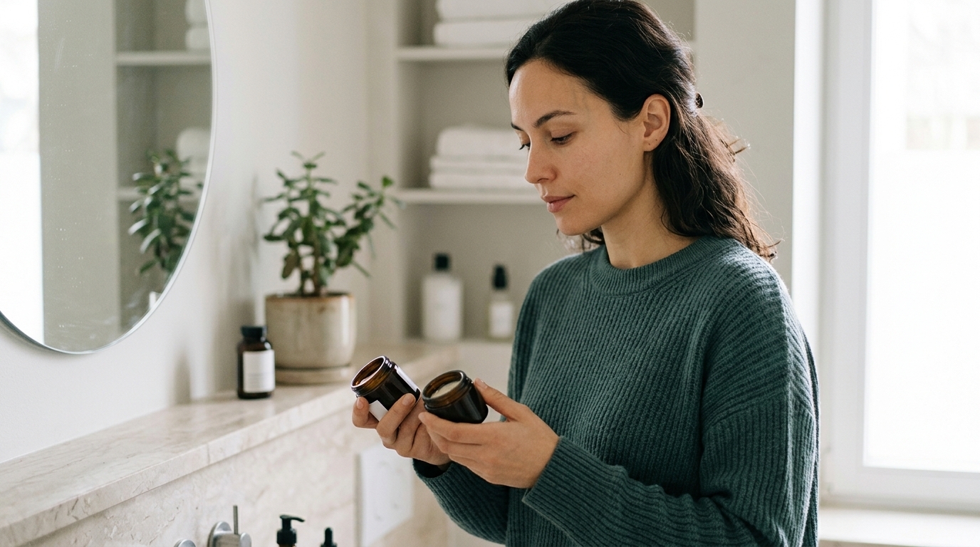 Person mit normal wirkender Haut prüft zwei Hautpflegeprodukte vor der Anwendung.