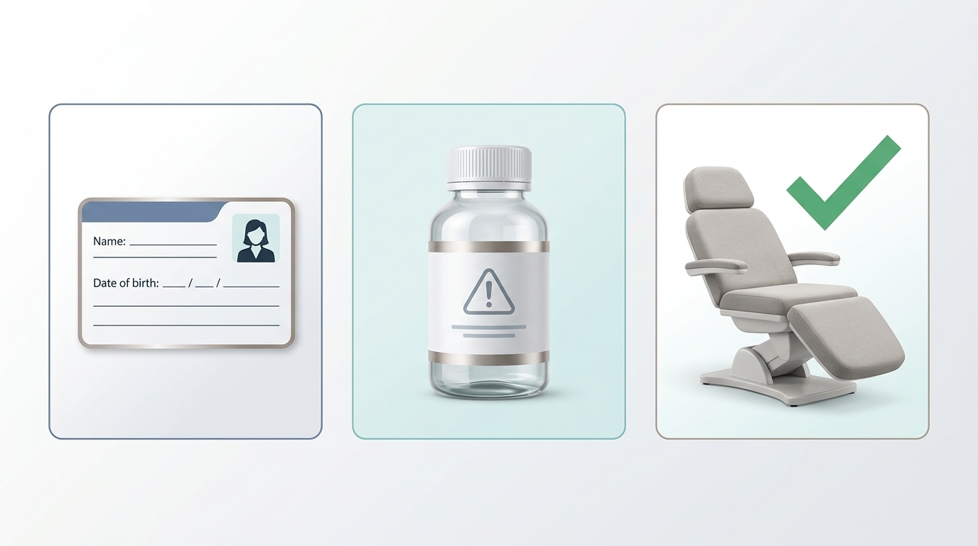 Einfache Infografik ohne Text mit drei Schritten zur sicheren Prüfung vor einer Behandlung