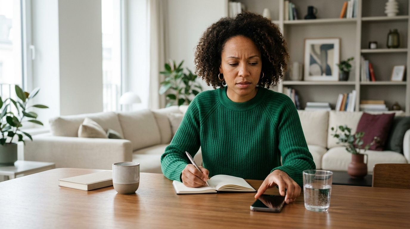 Person dokumentiert Beschwerden nach einer Behandlung und bereitet eine Rücksprache vor.