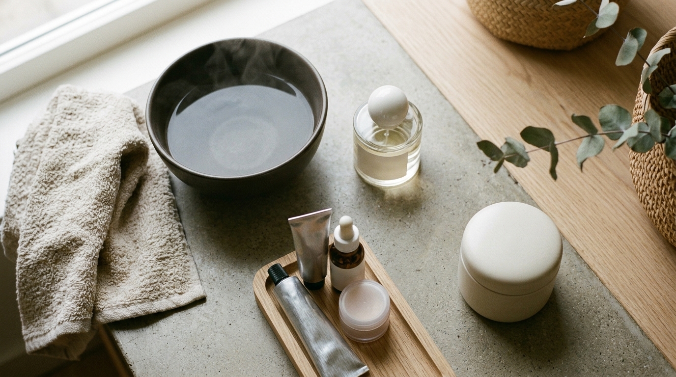 Einfache Infografik zu typischen Alltagsreizen für sensible Haut wie heißes Wasser, Reibung, Duft und zu viele Produkte.