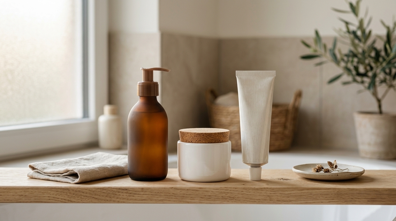 Drei einfache Pflegeprodukte für eine Minimalroutine bei sensibler Haut: sanfte Reinigung, Creme und Sonnenschutz.