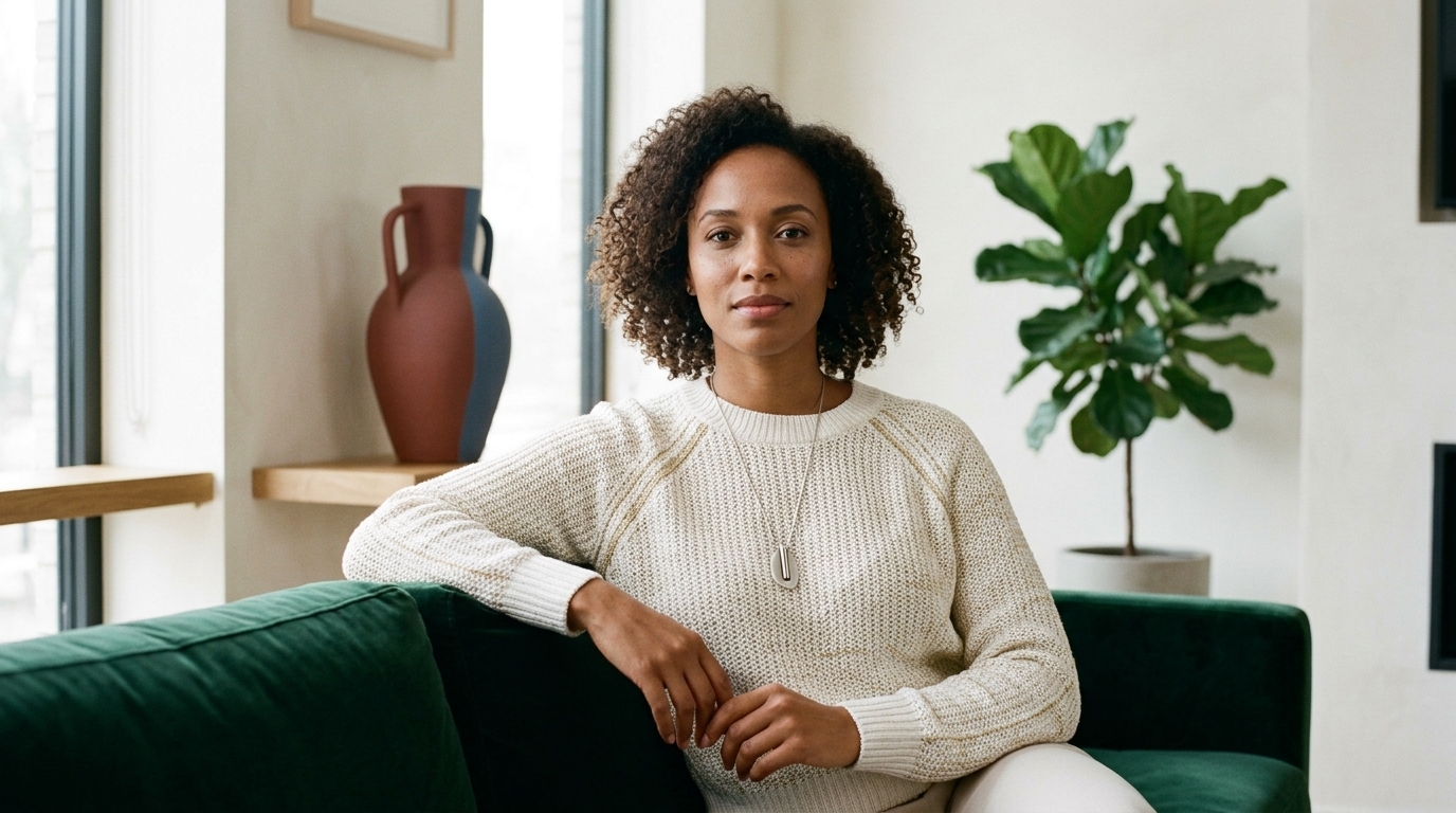 Person sitzt nach einer Gesichtsbehandlung aufrecht und berührt das Gesicht nicht.