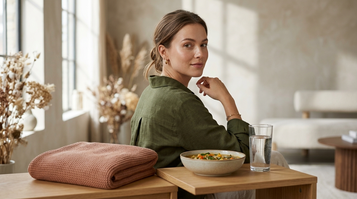 Einfache Infografik mit Suppe, Wasser und Decke für die ersten Aufbautage nach intensiver Behandlung