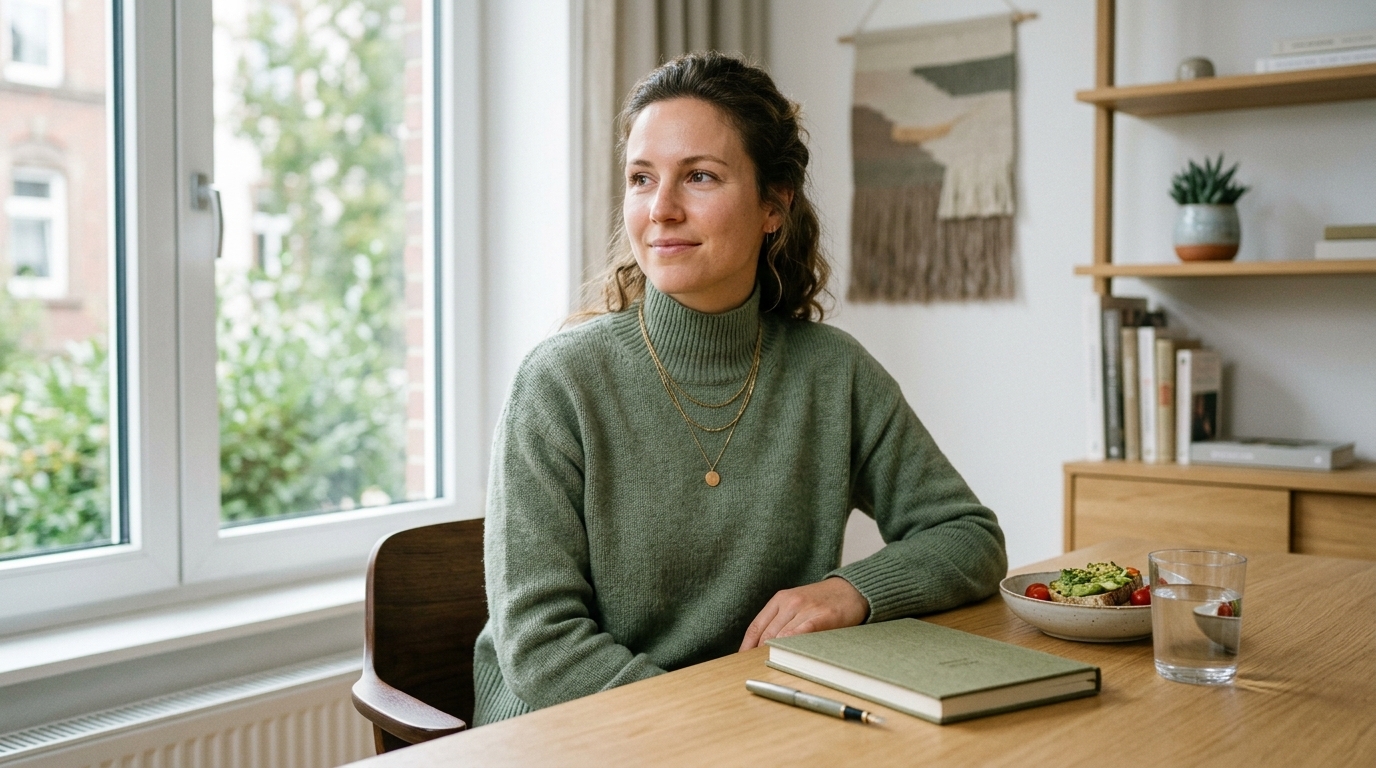 Ruhige Alltagsszene mit leichter Mahlzeit und Wasser während des sanften Wiedereinstiegs nach einer intensiven Behandlung