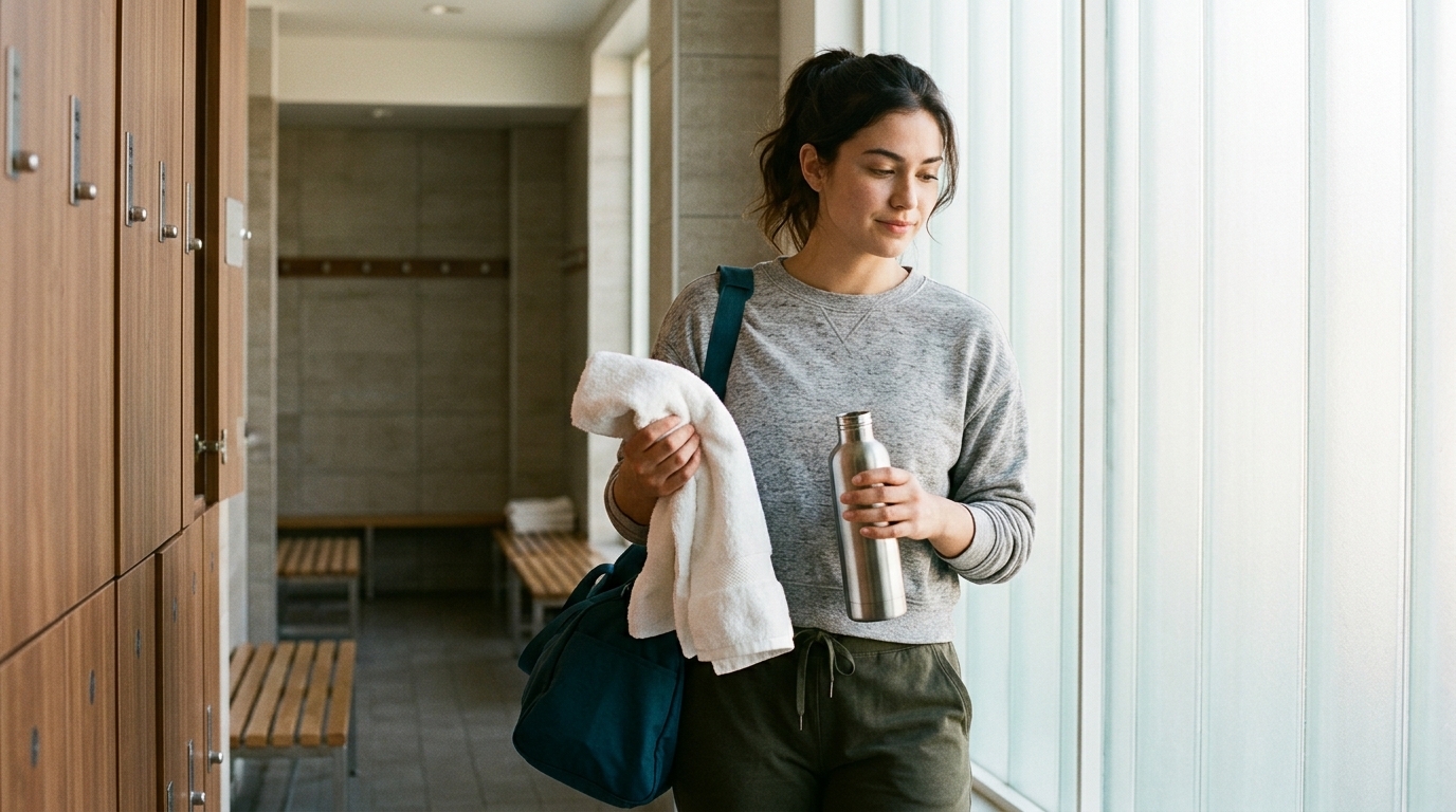 Person vor dem Wiedereinstieg in Sauna oder Sport mit Handtuch und Wasserflasche