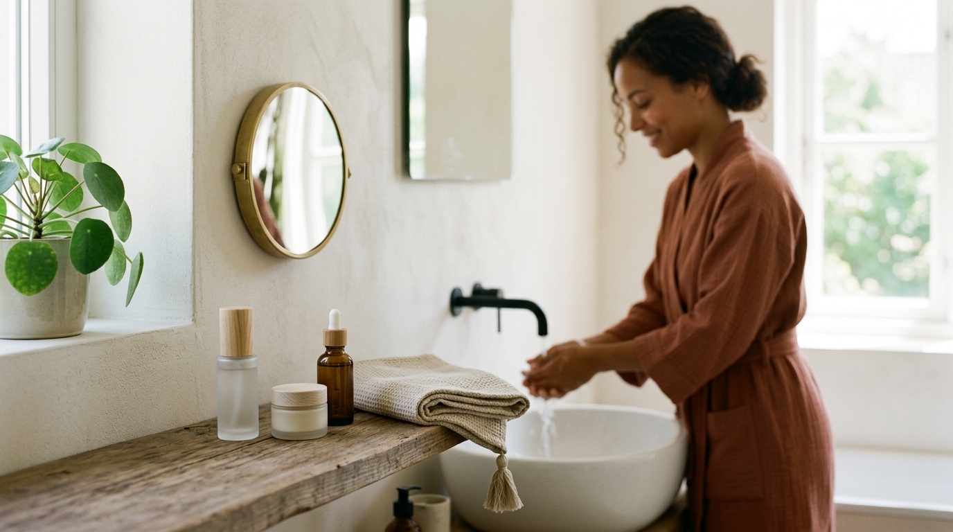 Drei schlicht angeordnete Pflegeprodukte in einem ruhigen Badezimmer als Symbol für minimalistische Heimpflege nach dem Studio