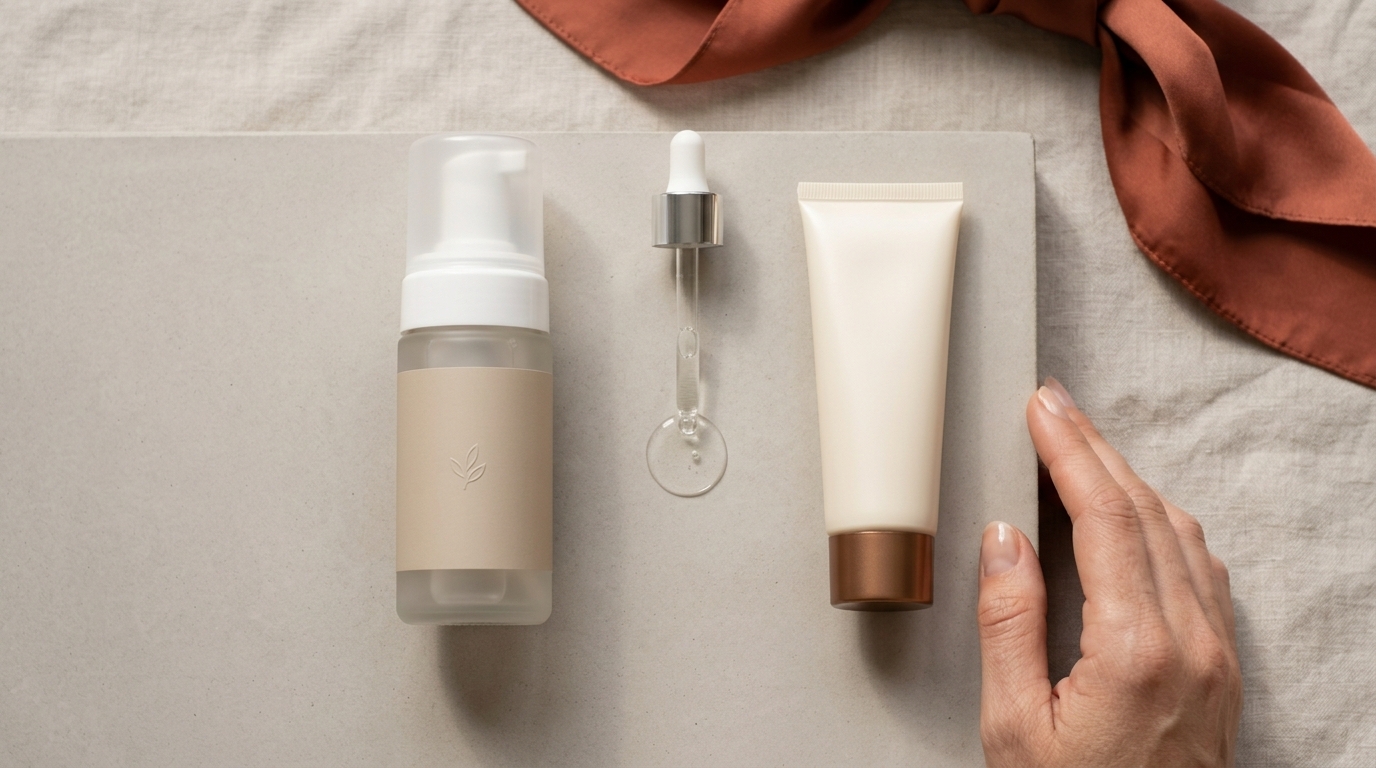 Einfache Infografik ohne Text mit drei Pflegeschritten für eine minimalistische Heimpflege nach dem Studio