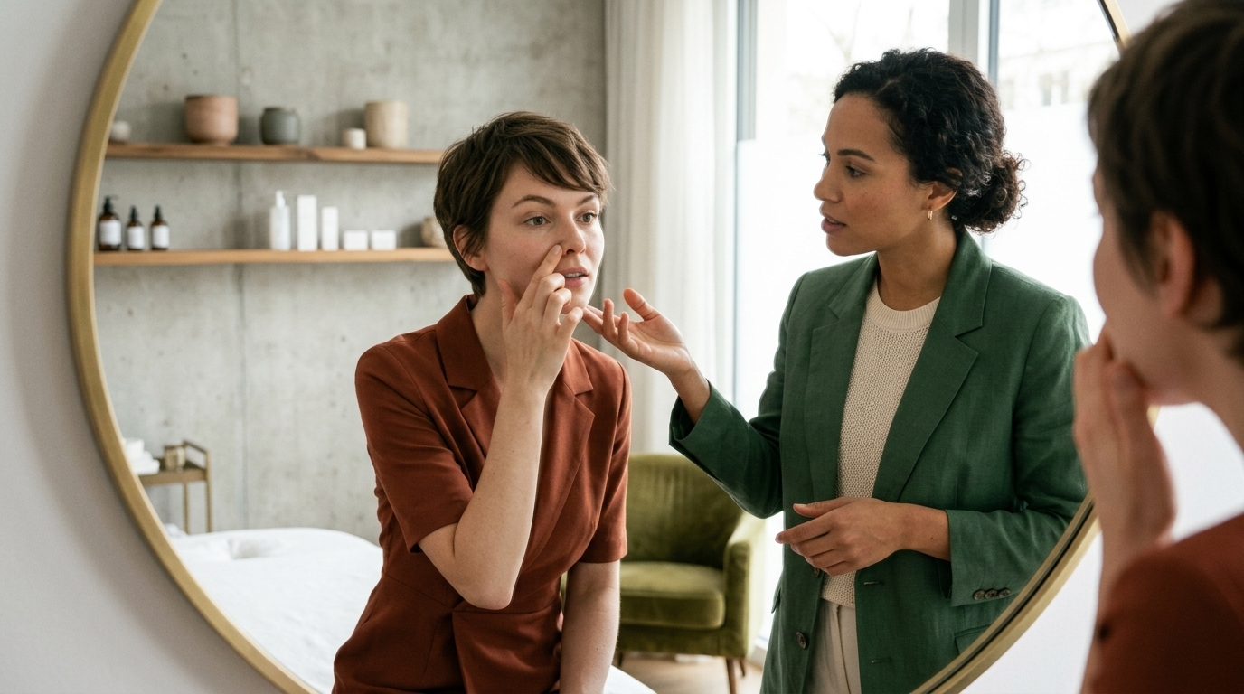 Beratungsszene zu Aquafacial bei Mischhaut in einem ruhigen Kosmetikstudio