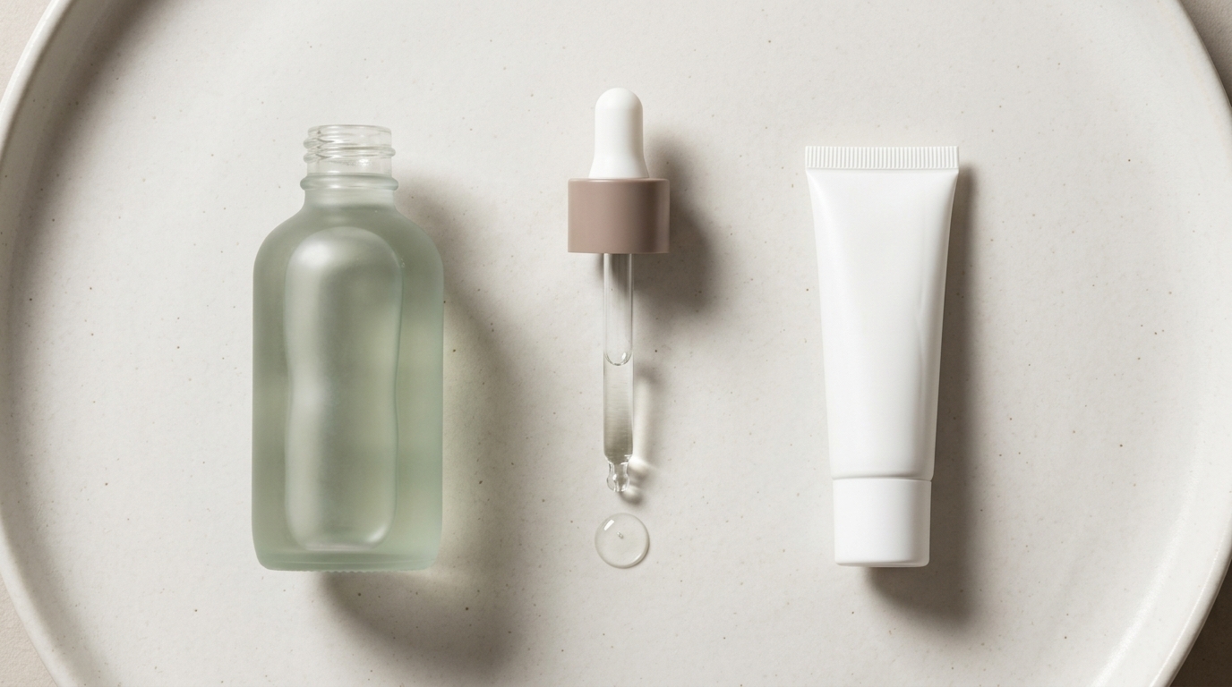 Einfache Infografik einer reduzierten Hautpflegeroutine nach Aquafacial bei Mischhaut