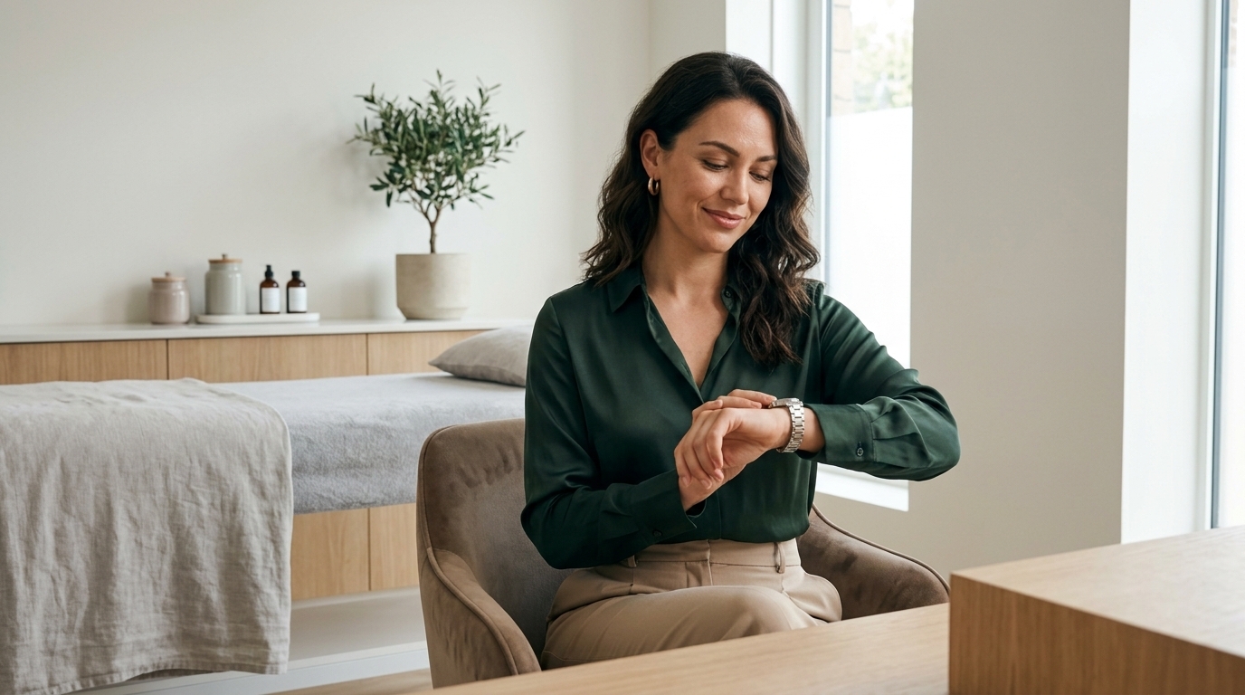 Berufstätige Frau in ruhiger Studioatmosphäre vor einem planbaren Aquafacial-Termin