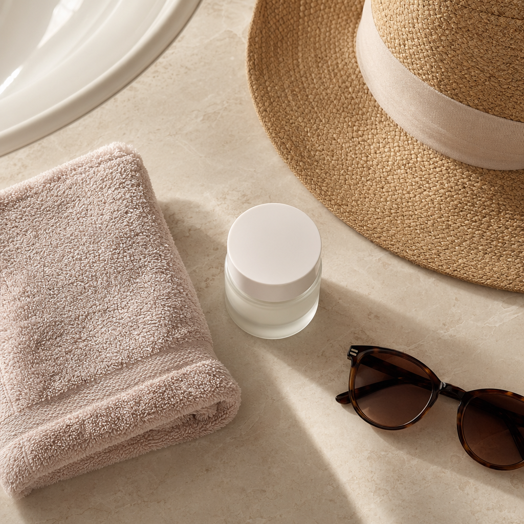 Sommerliche Pflegeobjekte für Fragen zu Aquafacial und sensibler Haut