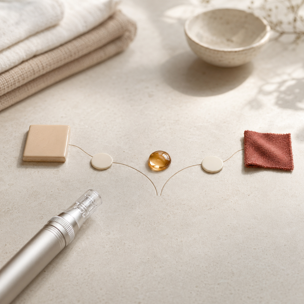 Textfreie Infografik zu Microneedling-Abständen und Warnzeichen für Haut-Overload