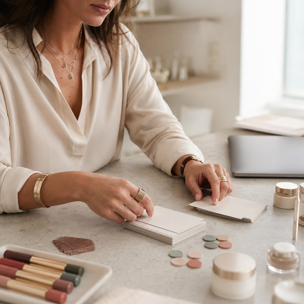 Hände sortieren leere Planungskarten und farbige Marker für einen Nano-Influencer-Datencheck.