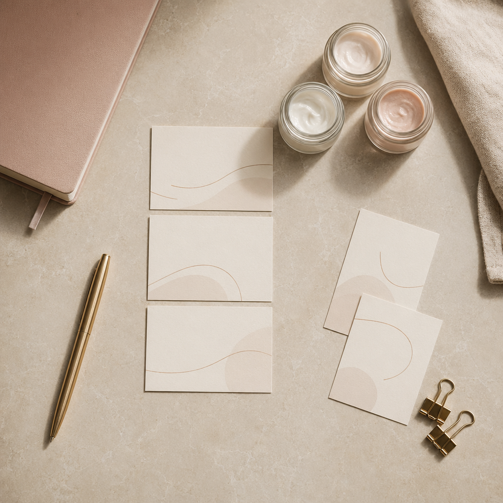 Textfreie Anordnung von Karten, Pflegeproben und Stift als Symbol für priorisierte Kernfragen.