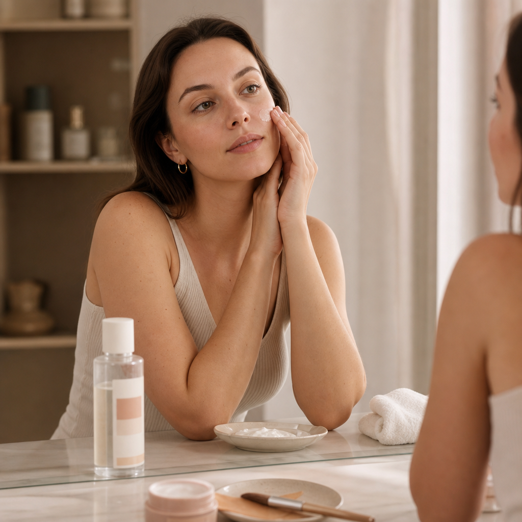 Frau trägt sanft Pflege vor einem Spiegel auf, mit Beauty-Produkten auf einer hellen Ablage.