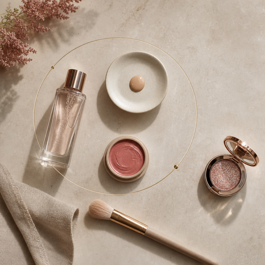 Textfreie Beauty-Infografik mit Pflegeflasche, Skin Tint, Blush und separatem Glitzerprodukt.