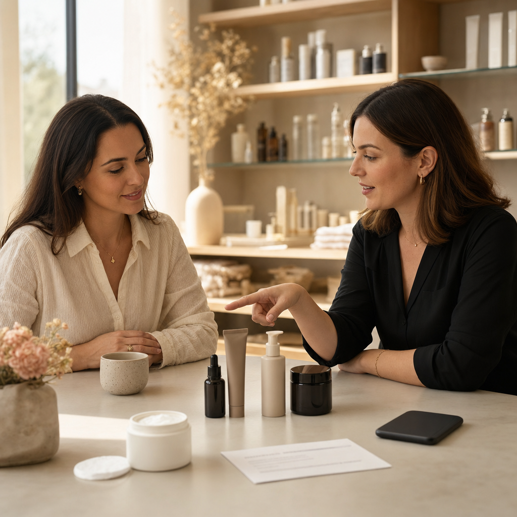 Beauty-Beratung zu Skincare-Trends mit Produkten auf einem Studiotisch.