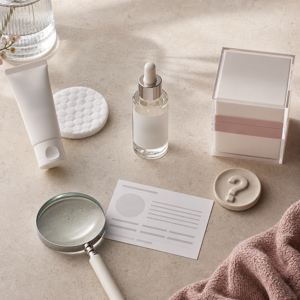 Textfreie Übersicht mit Kosmetikprodukten, Karte und Lupe als Prüflogik für Schwangerschaft und Kosmetik.