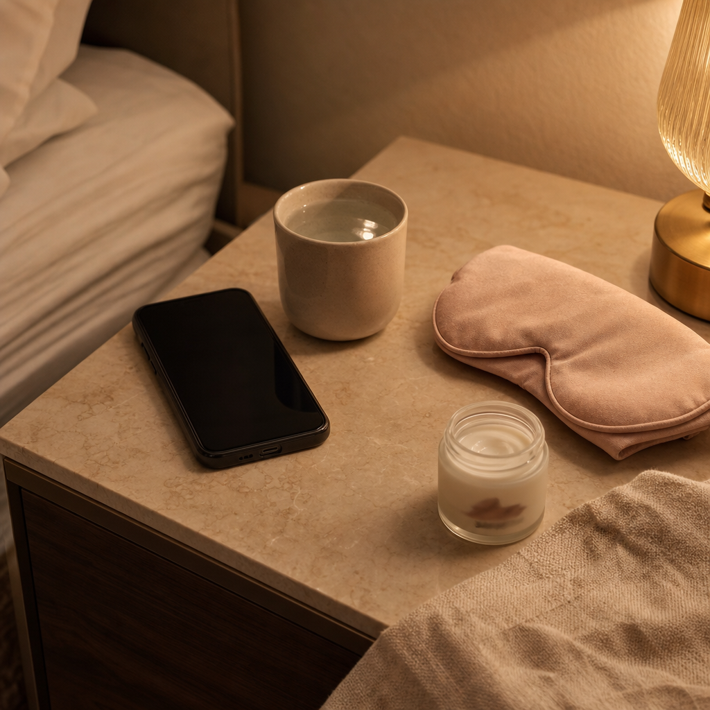 Smartphone, Wasser und Schlafmaske als einfache textfreie Darstellung einer Abendroutine.