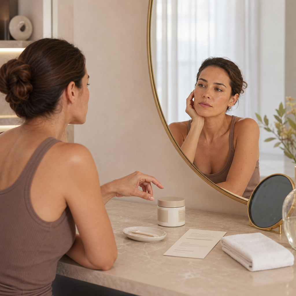 Person an einer Beauty-Vanity mit Pflegeprodukt und Routinekarte nach sichtbarer Verbesserung