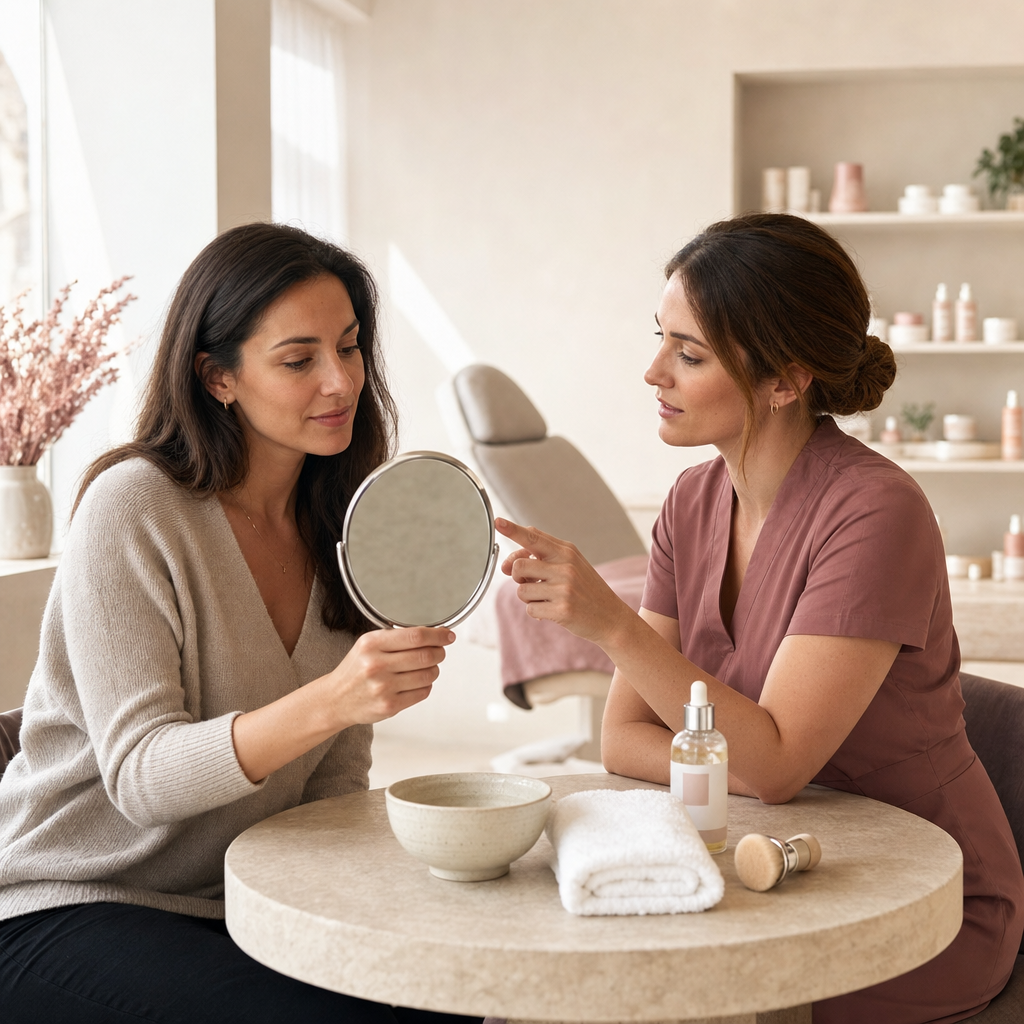 Kundin und Kosmetikerin besprechen in einem Beauty-Studio den Einstieg in den Glow-Refresh Behandlungspfad.