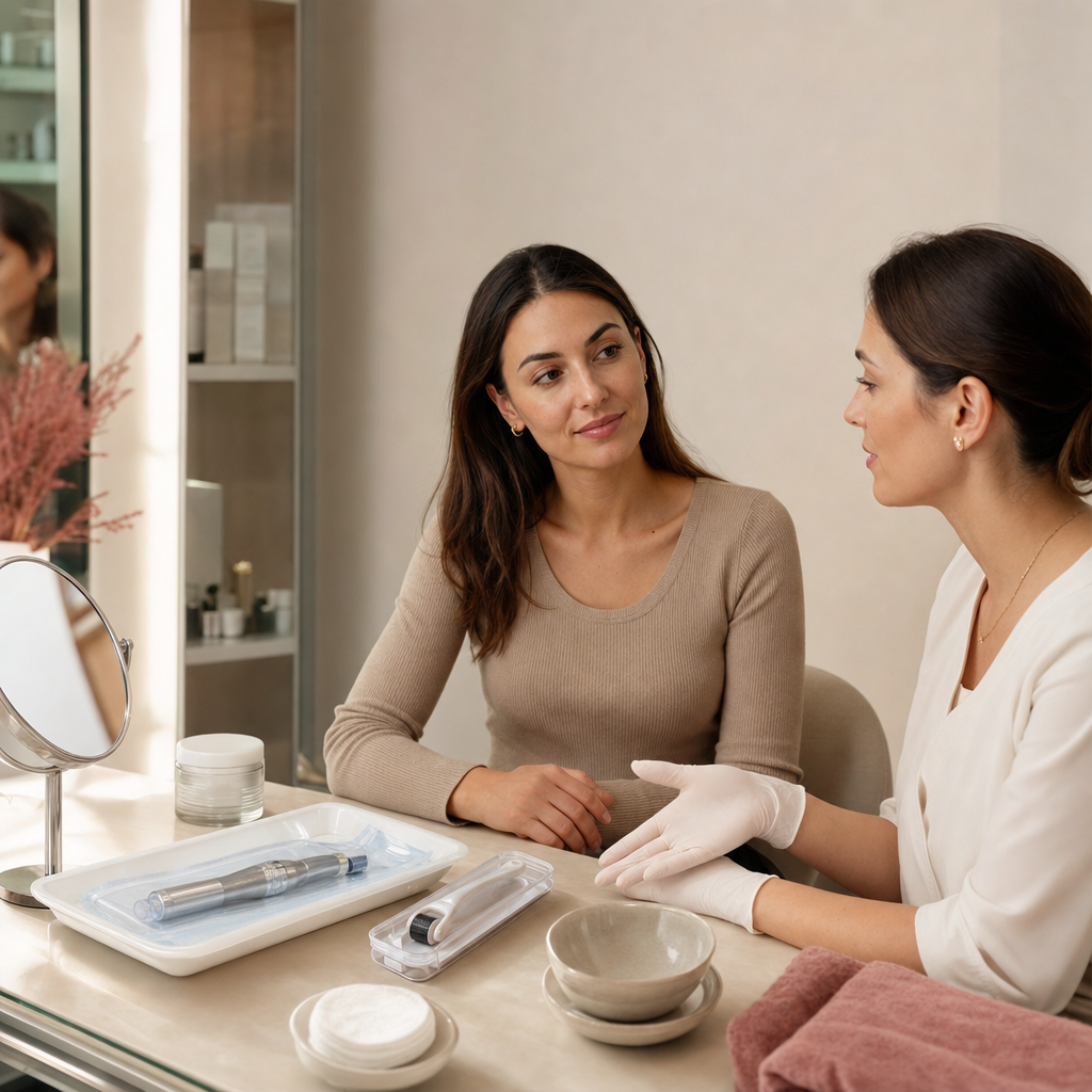 Vergleich zwischen professionellem Microneedling und Home-Needling in einem Beauty-Studio.
