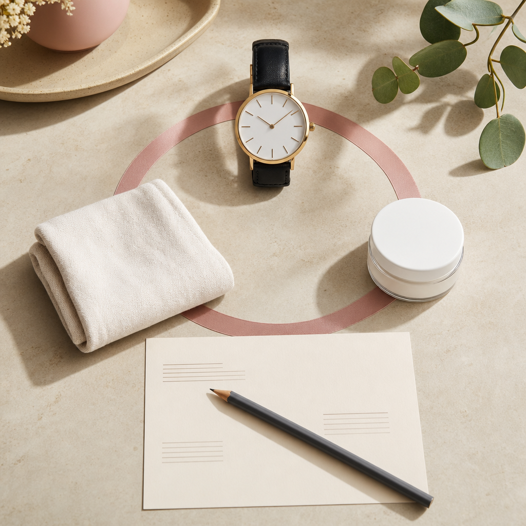 Textfreie Entscheidungsdarstellung mit Uhr, Tuch und Pflegeprodukt als Symbole für Alltag, Belastung und Behandlungsziel.