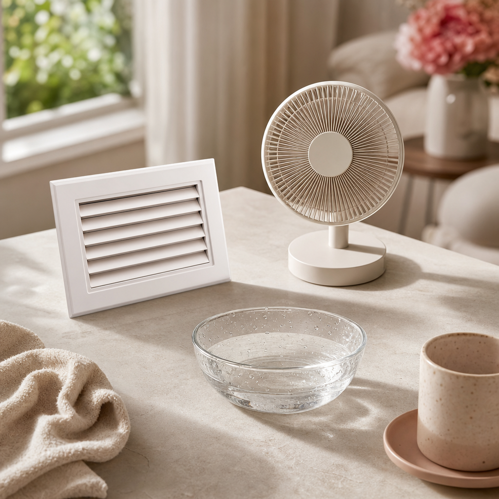 Textfreie Anordnung aus Klimagerät, Ventilator und Wasserschale als Symbol für Raumklima.