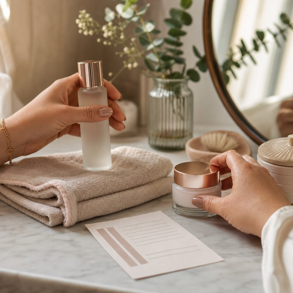 Hände prüfen eine gepflegte Beauty-Routine mit Produkten und Notizkarte auf einem hellen Waschtisch.