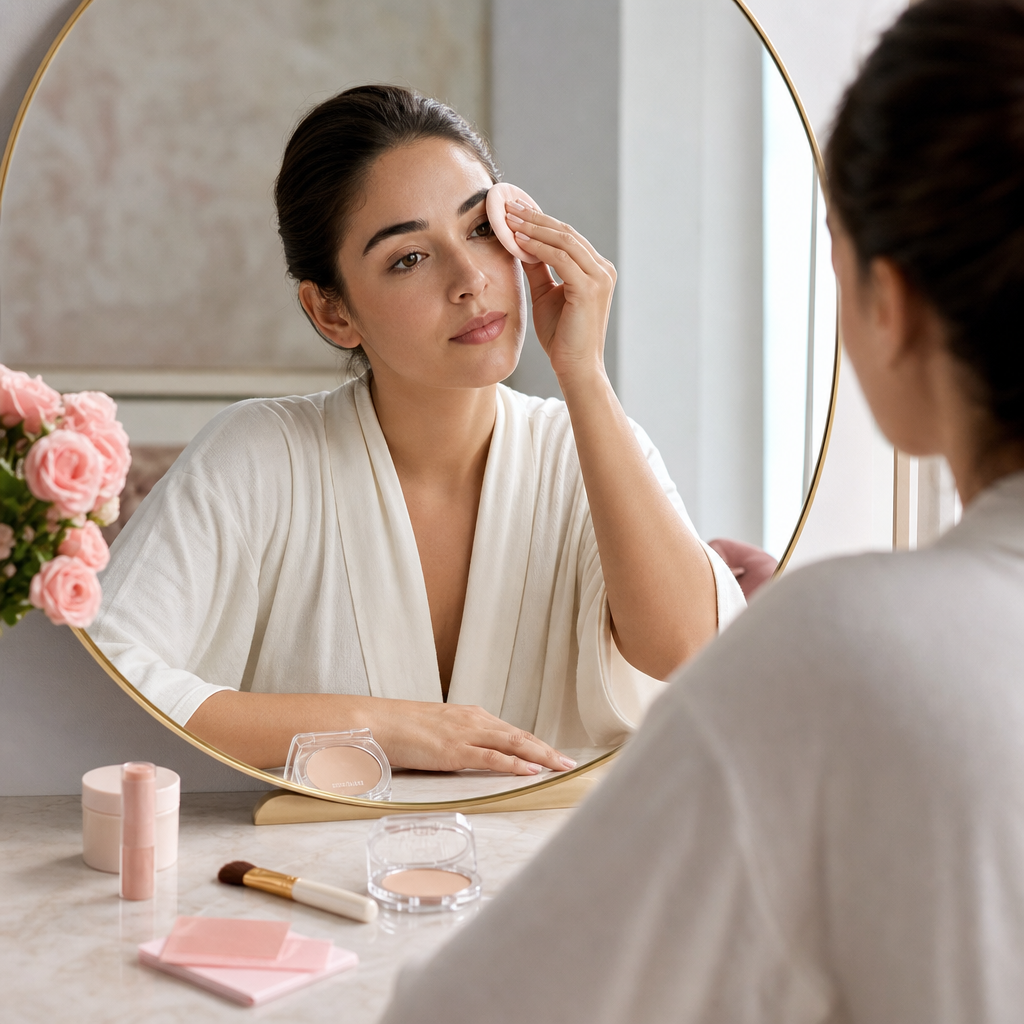Person prüft im Spiegel einen natürlichen camera-ready Look und kontrolliert dezent Glanz mit Puder.